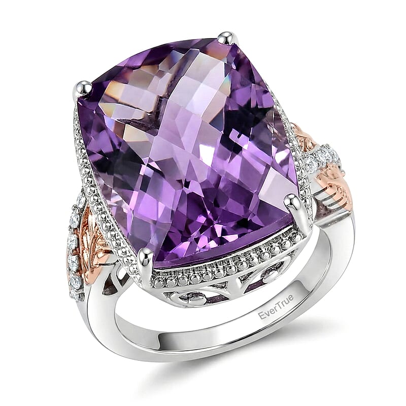EverTrue Rose De France Amethyst and White Zircon 20.60 ctw Ring in 18K RG Plated and Platinum Bond (Size 11.0)