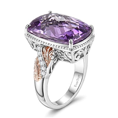 EverTrue Rose De France Amethyst and White Zircon 20.60 ctw Ring in 18K RG Plated and Platinum Bond (Size 11.0)