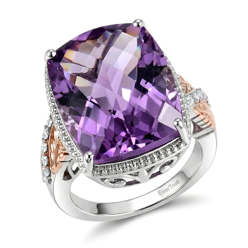 EverTrue Rose De France Amethyst and White Zircon 20.60 ctw Ring in 18K RG Plated and Platinum Bond (Size 9.0)