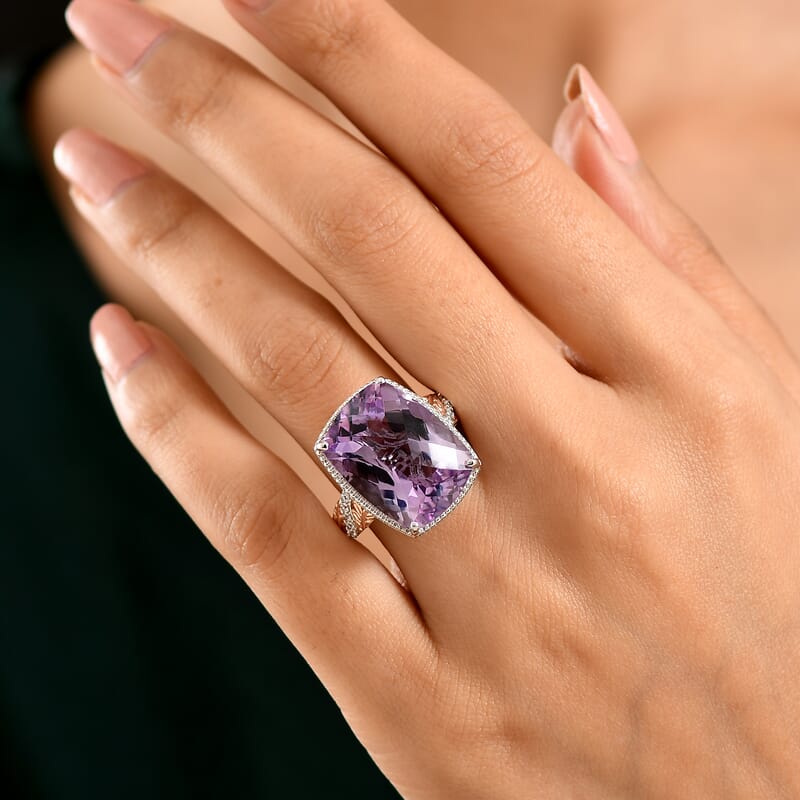 EverTrue Rose De France Amethyst and White Zircon 20.60 ctw Ring in 18K RG Plated and Platinum Bond (Size 9.0)