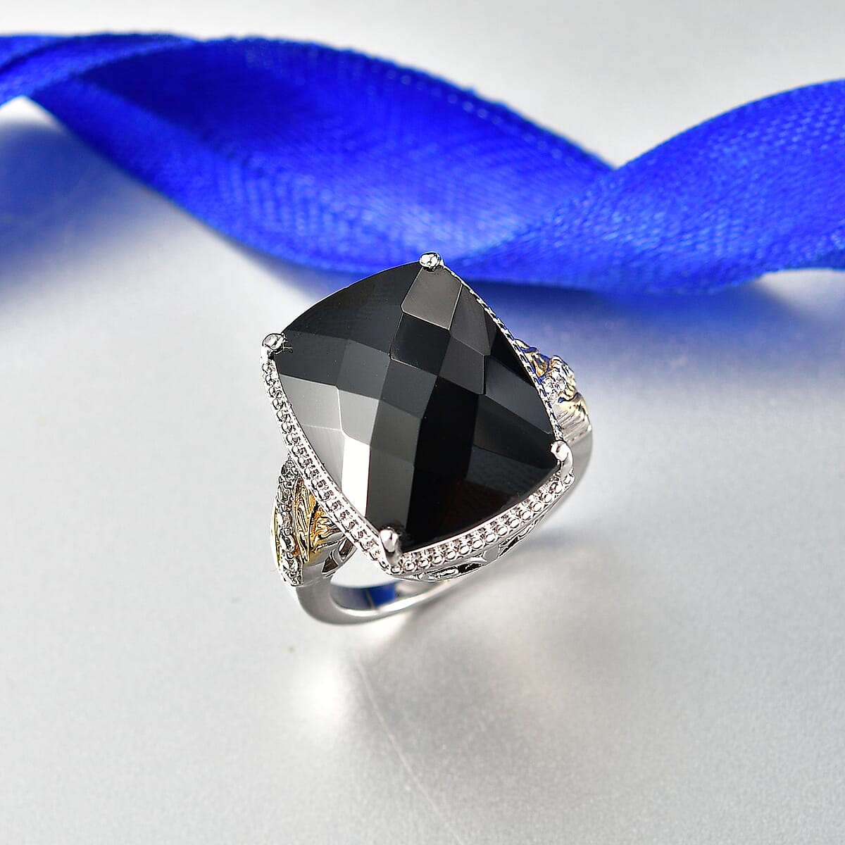 EverTrue Thai Black Spinel and White Zircon 25.40 ctw Ring in 18K YG Plated and Platinum Bond (Size 10.0) image number 1