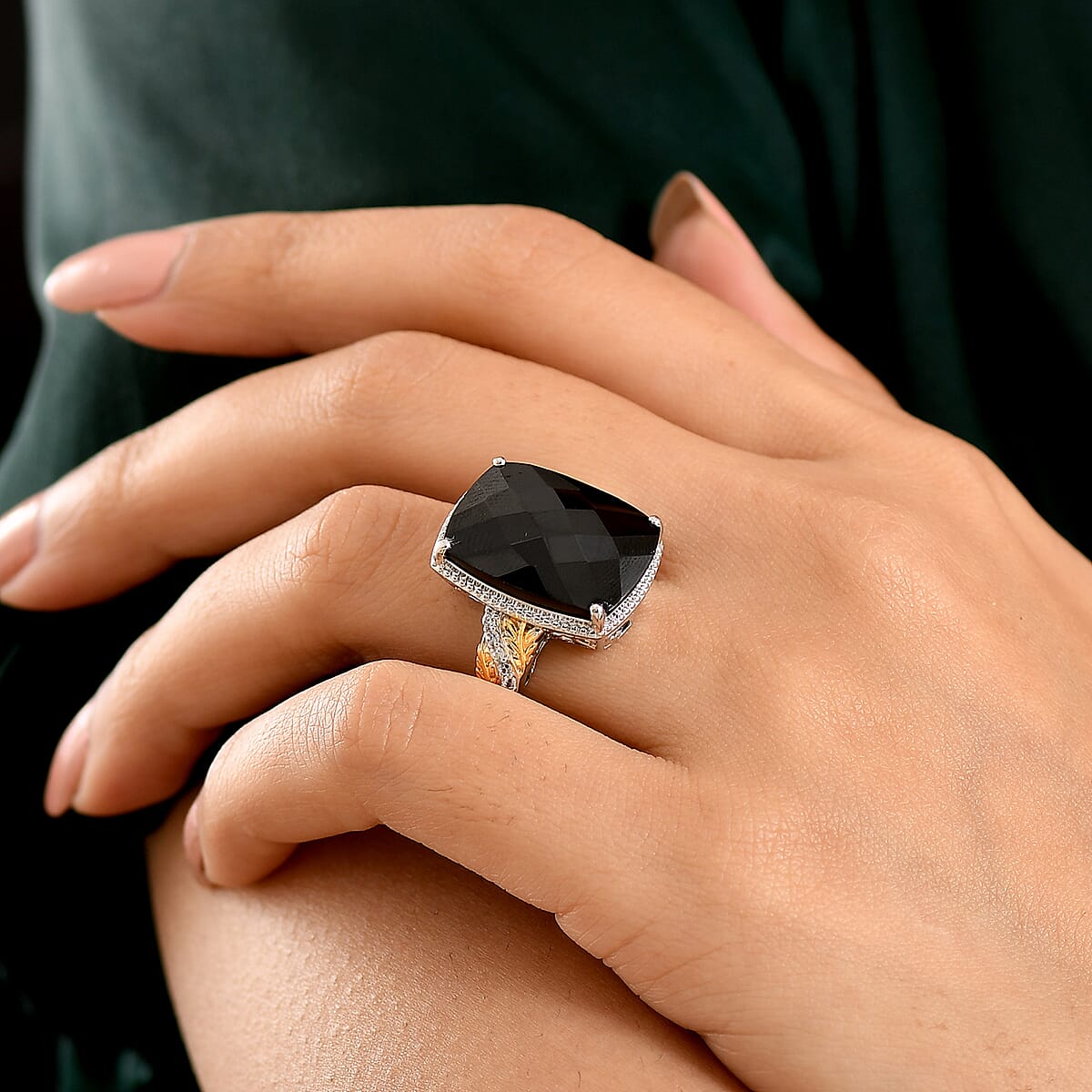 EverTrue Thai Black Spinel and White Zircon 25.40 ctw Ring in 18K YG Plated and Platinum Bond (Size 10.0) image number 2