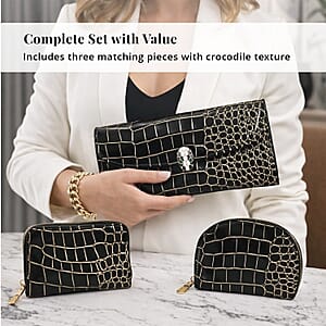 La Marey Black Crocodile Faux Leather 3pcs Giftbox, Ladies Wallet and 2pcs Card Wallets