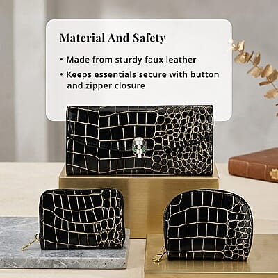 La Marey Black Crocodile Faux Leather 3pcs Giftbox, Ladies Wallet and 2pcs Card Wallets