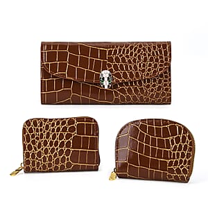 La marey Brown Crocodile Pattern Faux Leather Wallet and 2pcs Card Bag