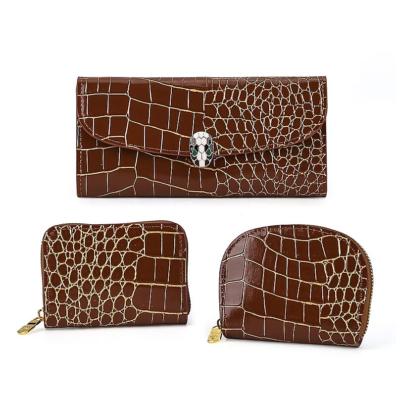La Marey Brown Crocodile Faux Leather 3pcs Giftbox, Ladies Wallet and 2pcs Card Wallets