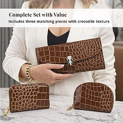 La Marey Brown Crocodile Faux Leather 3pcs Giftbox, Ladies Wallet and 2pcs Card Wallets
