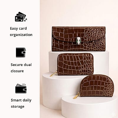 La Marey Brown Crocodile Faux Leather 3pcs Giftbox, Ladies Wallet and 2pcs Card Wallets