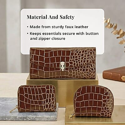 La Marey Brown Crocodile Faux Leather 3pcs Giftbox, Ladies Wallet and 2pcs Card Wallets