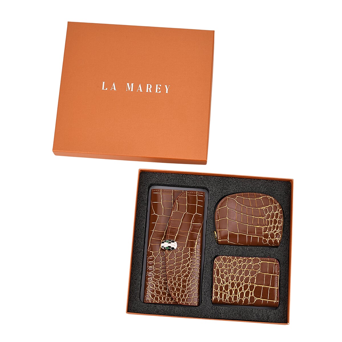 La marey Brown Crocodile Pattern Faux Leather Wallet and 2pcs Card Bag image number 7