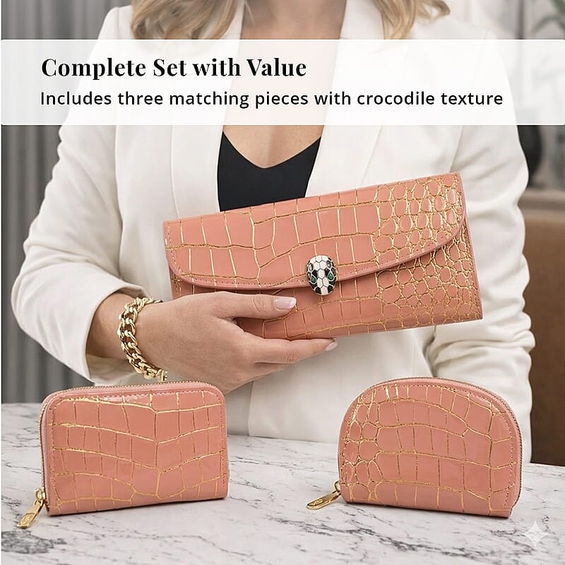 La Marey Pink Crocodile Faux Leather 3pcs Giftbox, Ladies Wallet and 2pcs Card Wallets