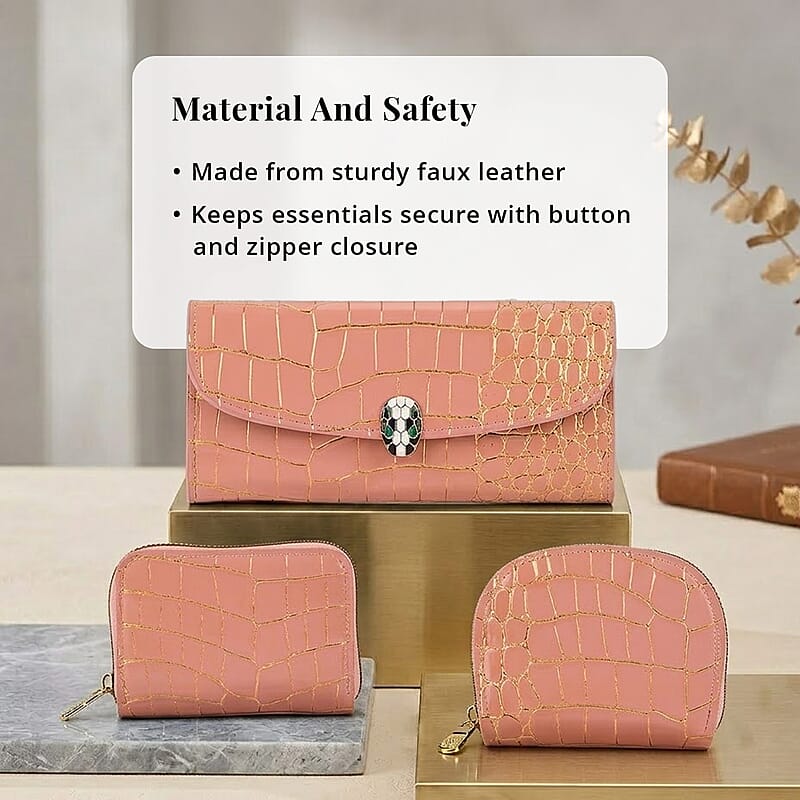 La Marey Pink Crocodile Faux Leather 3pcs Giftbox, Ladies Wallet and 2pcs Card Wallets