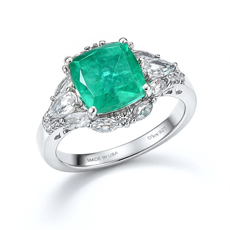 D'Joy Emeraldine Quartz (Triplet) and White Topaz 5.10 ctw Ring in Platinum Over Sterling Silver (Size 10.0)