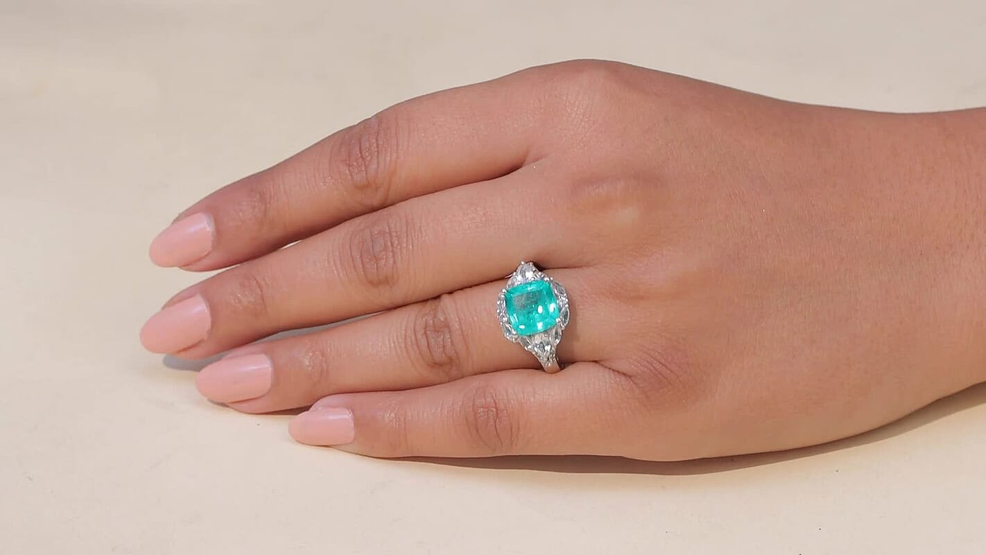 D'Joy Emeraldine Quartz, White Topaz Ring in Platinum Over Sterling Silver (Size 10.0) 5.10 ctw