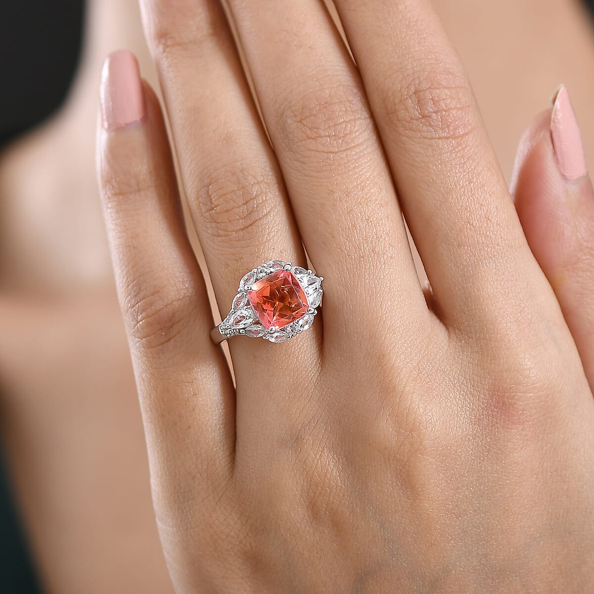D'Joy Padparadscha Quartz (Triplet) and White Topaz 4.90 ctw Ring in Platinum Over Sterling Silver (Size 7.0) image number 2