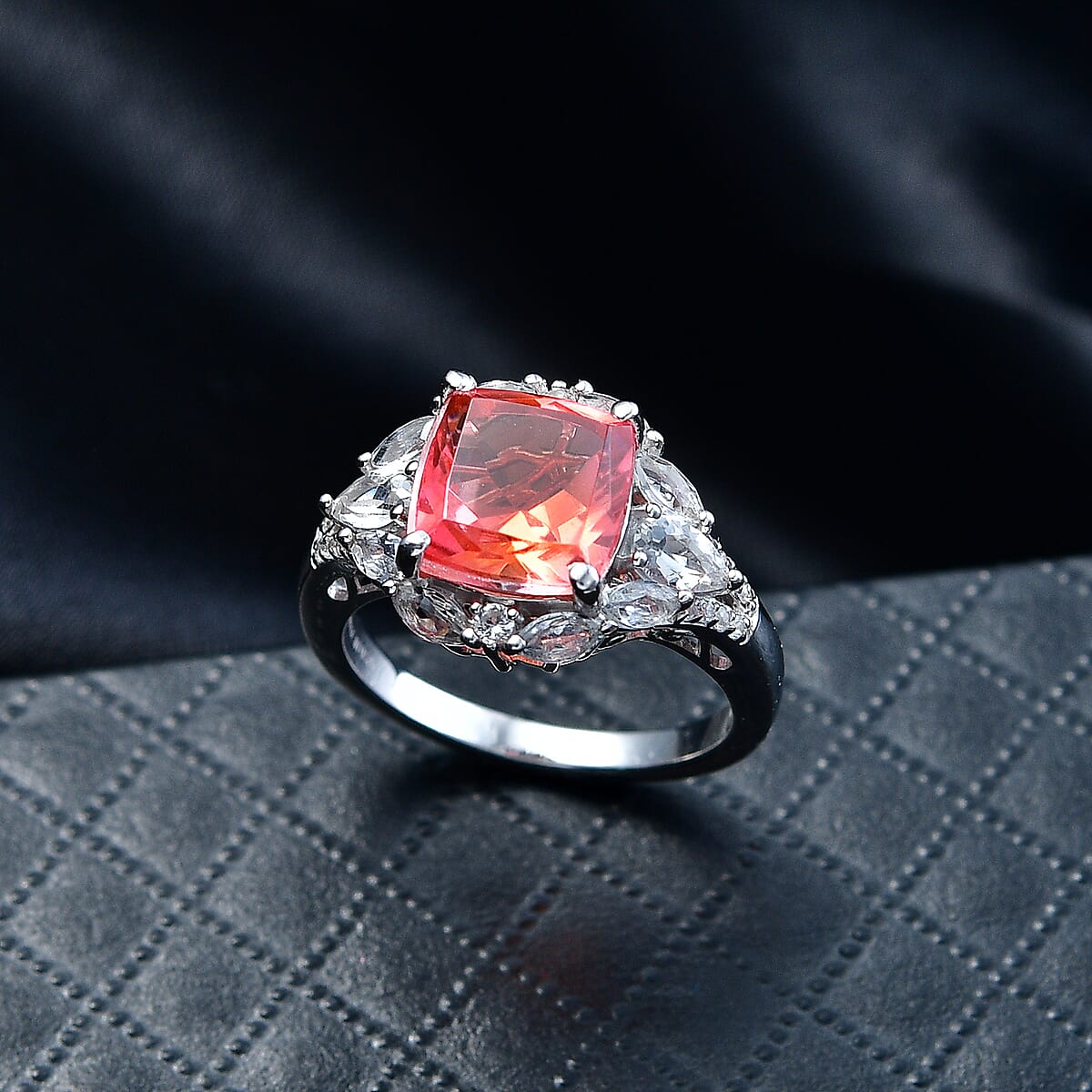 D'Joy Padparadscha Quartz (Triplet) and White Topaz 4.90 ctw Ring in Platinum Over Sterling Silver (Size 8.0) image number 1