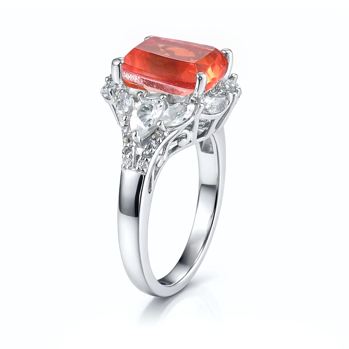 D'Joy Padparadscha Quartz (Triplet) and White Topaz 4.90 ctw Ring in Platinum Over Sterling Silver (Size 8.0) image number 3