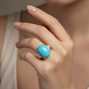 Certified & Appraised AAA Sleeping Beauty Turquoise and Luxuriant Lab Grown Diamond E-F VS 7.36 ctw Ring in 10K Yellow Gold (Size 10.0) 4.06 Grams