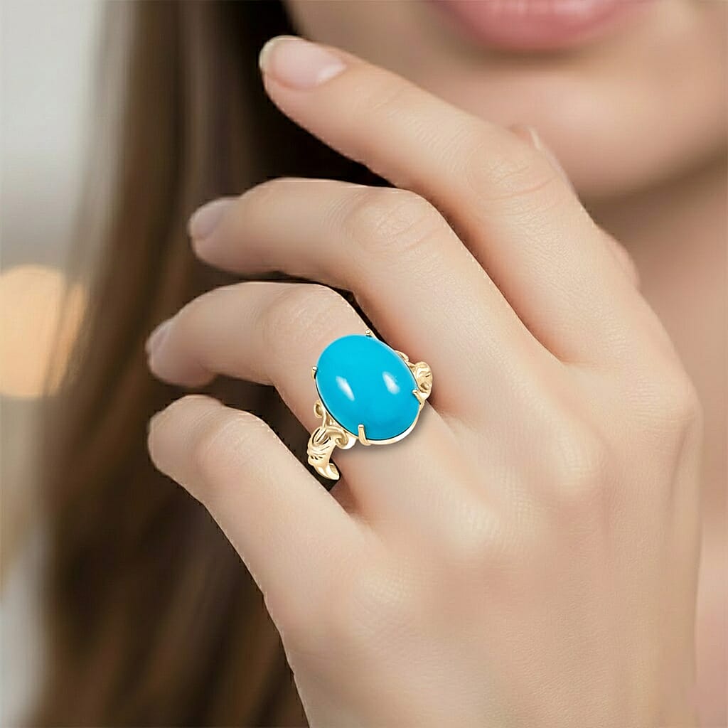 Certified & Appraised AAA Sleeping Beauty Turquoise Solitaire Ring in 10K Yellow Gold 6.86 ctw (Size 6.0)
