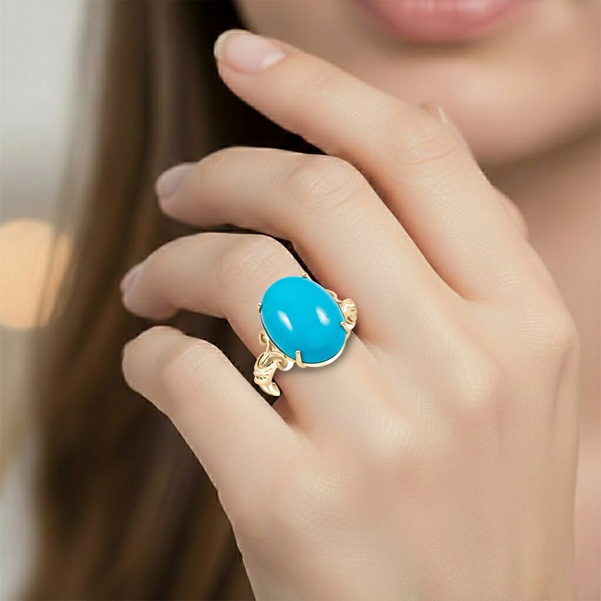 Certified & Appraised AAA Sleeping Beauty Turquoise 6.86 ctw Solitaire Ring in 10K Yellow Gold (Size 8.0) image number 2