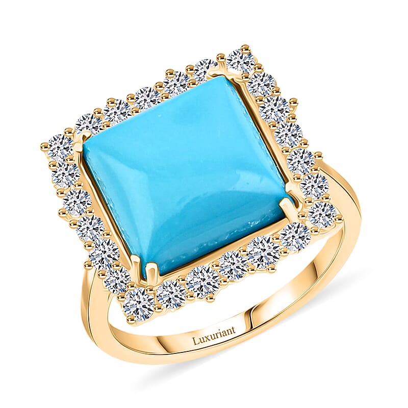 Certified & Appraised AAA Sleeping Beauty Turquoise and Luxuriant Lab Grown Diamond E-F VS 7.50 ctw Ring in 10K Yellow Gold (Size 10.0) 4.49 Grams