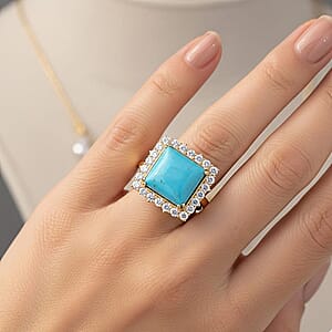  Certified & Appraised AAA Sleeping Beauty Turquoise and Luxuriant Lab Grown Diamond E-F VS 7.50 ctw Ring in 10K Yellow Gold (Size 7.5) 4.49 Grams