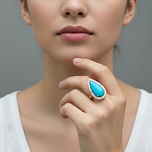 Certified & Appraised AAA Sleeping Beauty Turquoise and Luxuriant Lab Grown Diamond E-F VS 7.36 ctw Ring in 10K Yellow Gold (Size 8.0) 4.06 Grams