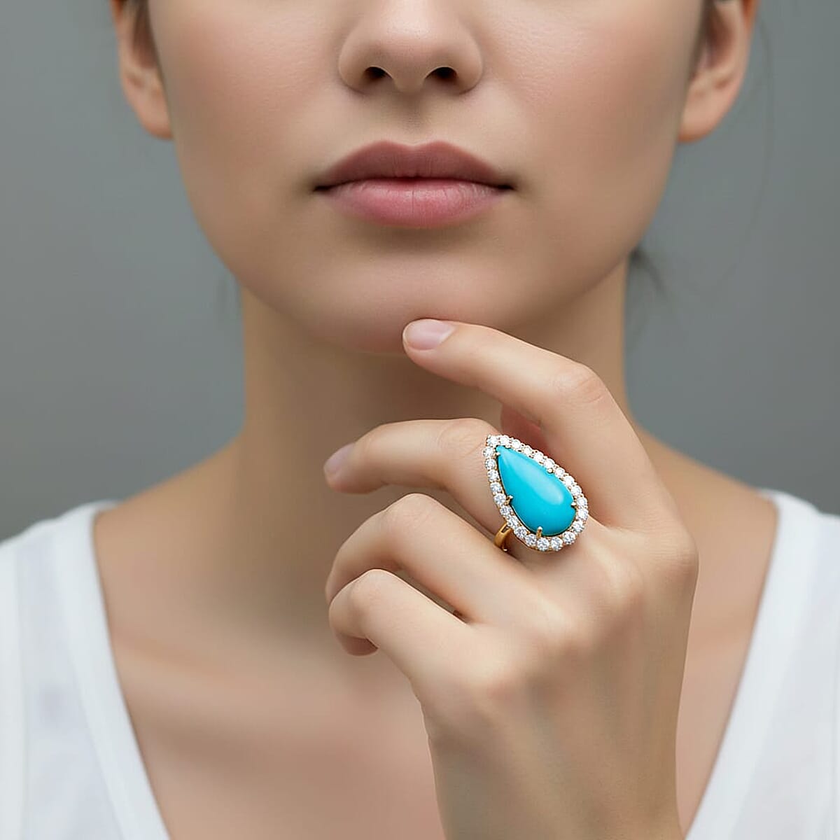 Certified & Appraised AAA Sleeping Beauty Turquoise and Luxuriant Lab Grown Diamond E-F VS 7.36 ctw Ring in 10K Yellow Gold (Size 9.5) 4.06 Grams image number 2