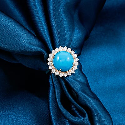 Certified & Appraised AAA Sleeping Beauty Turquoise and Luxuriant Lab Grown Diamond E-F VS 6.35 ctw Ring in 10K Yellow Gold (Size 10.0)
