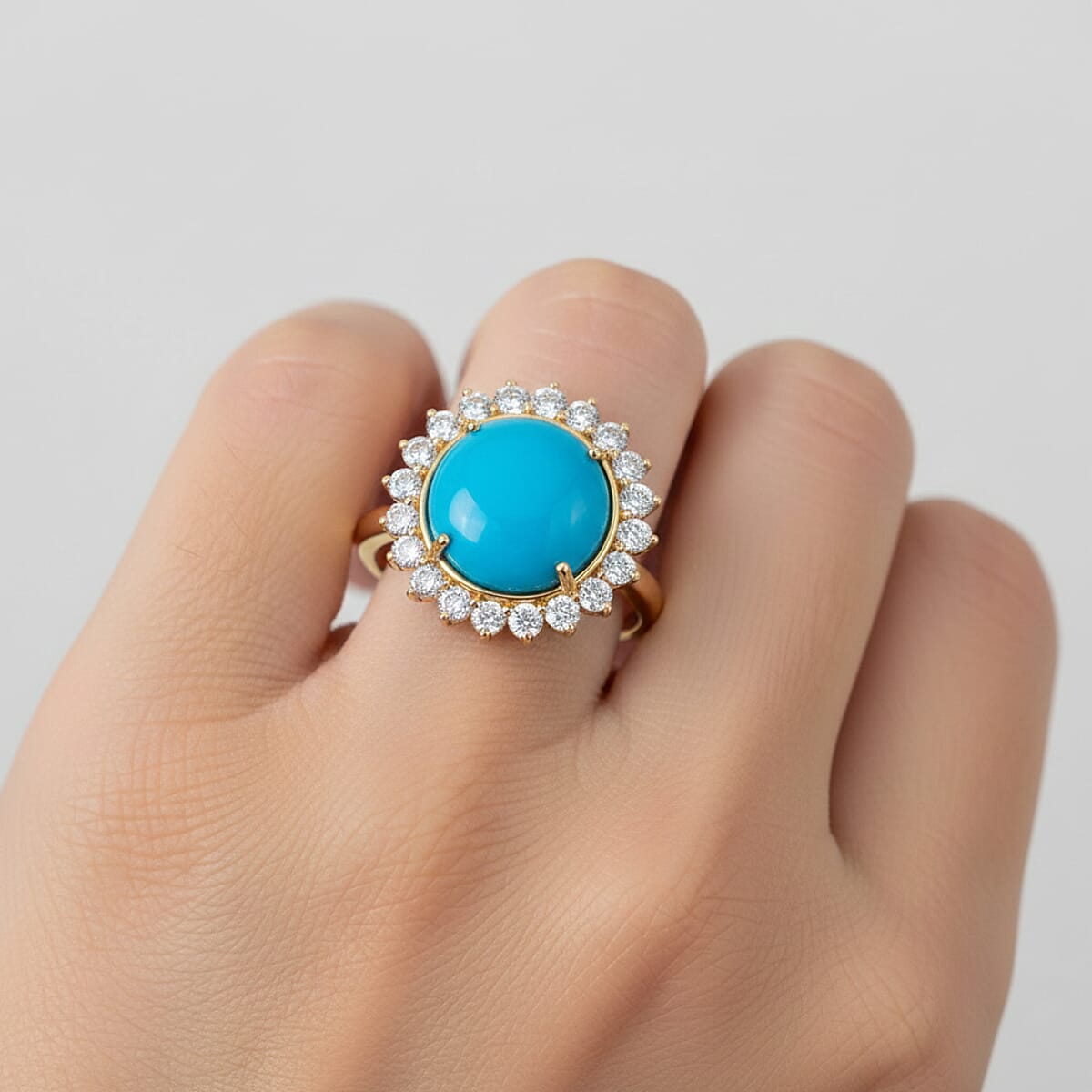 Certified & Appraised AAA Sleeping Beauty Turquoise and Luxuriant Lab Grown Diamond E-F VS 6.35 ctw Ring in 10K Yellow Gold (Size 7.0) image number 2