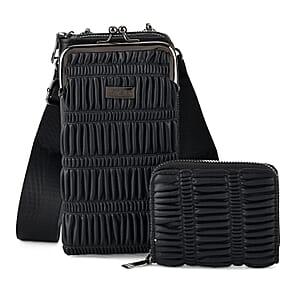 La Marey Black Faux Leather Pleated Phone Bag with Woven Strap