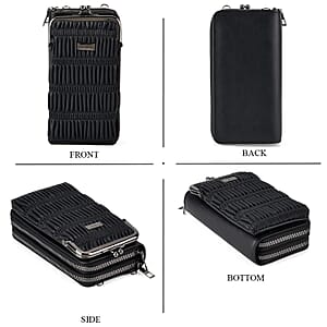 La Marey Black Faux Leather Pleated Phone Bag with Woven Strap