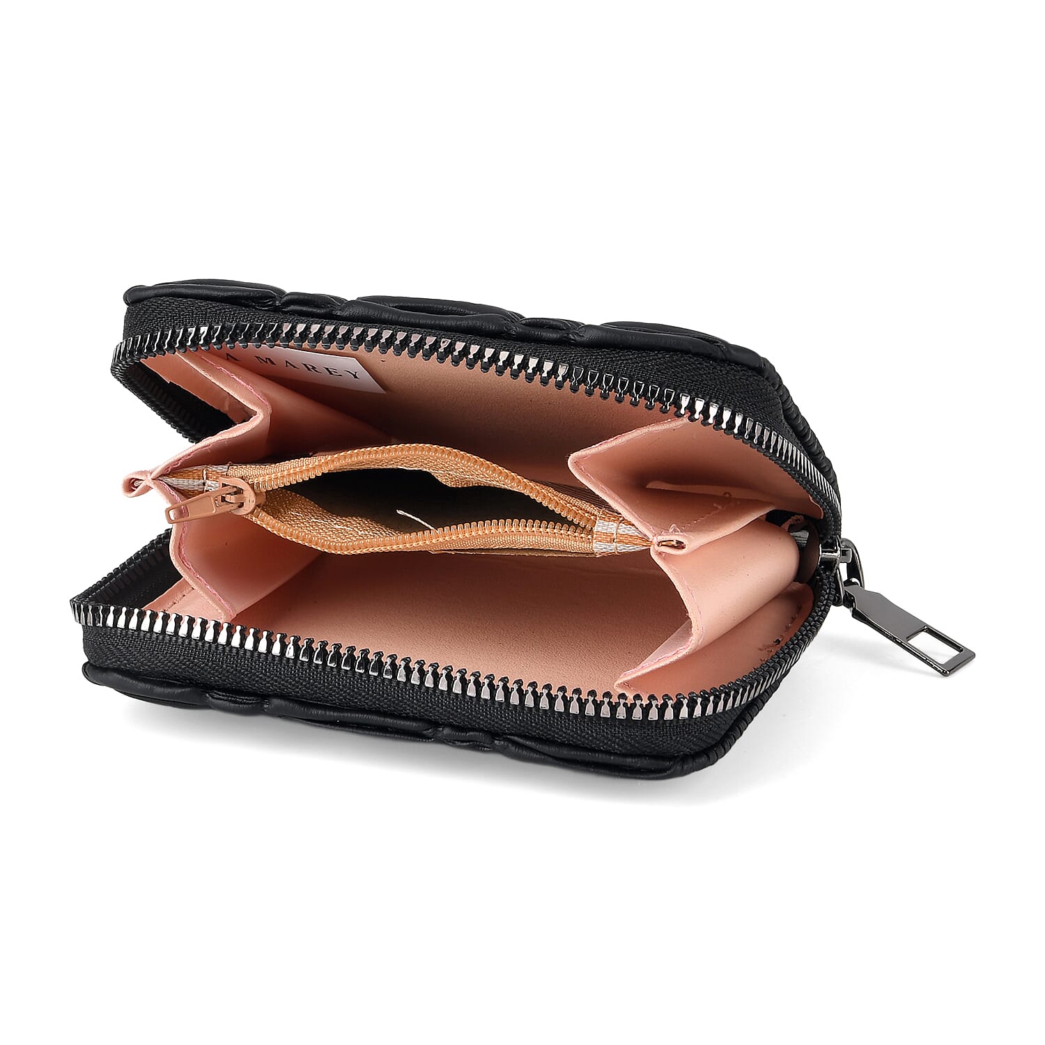 La Marey Black Faux Leather Pleated Phone Bag with Woven Strap