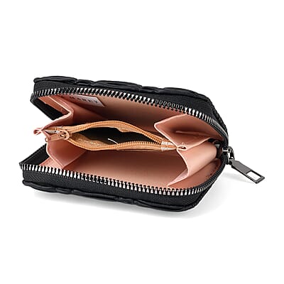 La Marey Black Faux Leather Pleated Phone Bag with Woven Strap