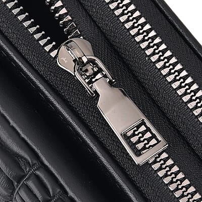 La Marey Black Faux Leather Pleated Phone Bag with Woven Strap
