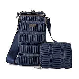 La Marey Dark Blue Faux Leather Pleated Phone Bag with Woven Strap