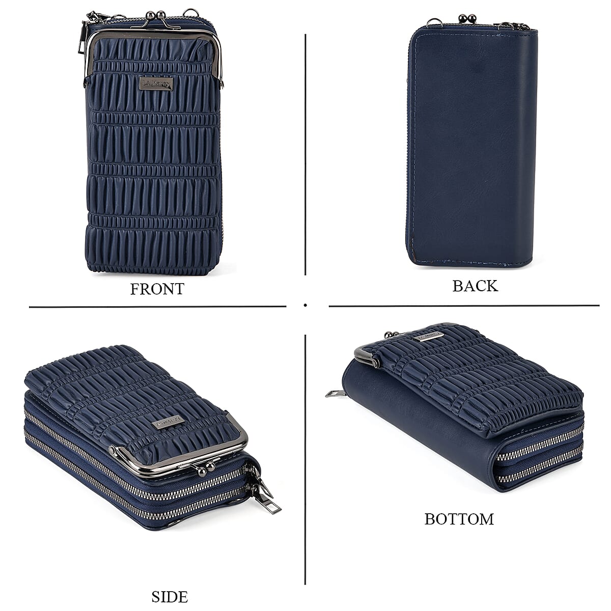 La Marey Dark Blue Faux Leather Pleated Phone Bag with Woven Strap image number 1