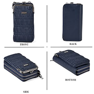 La Marey Dark Blue Faux Leather Pleated Phone Bag with Woven Strap
