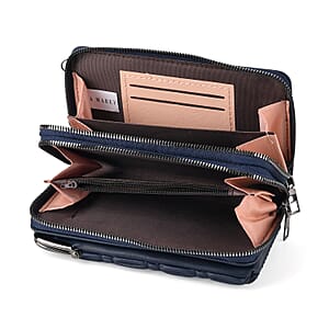 La Marey Dark Blue Faux Leather Pleated Phone Bag with Woven Strap