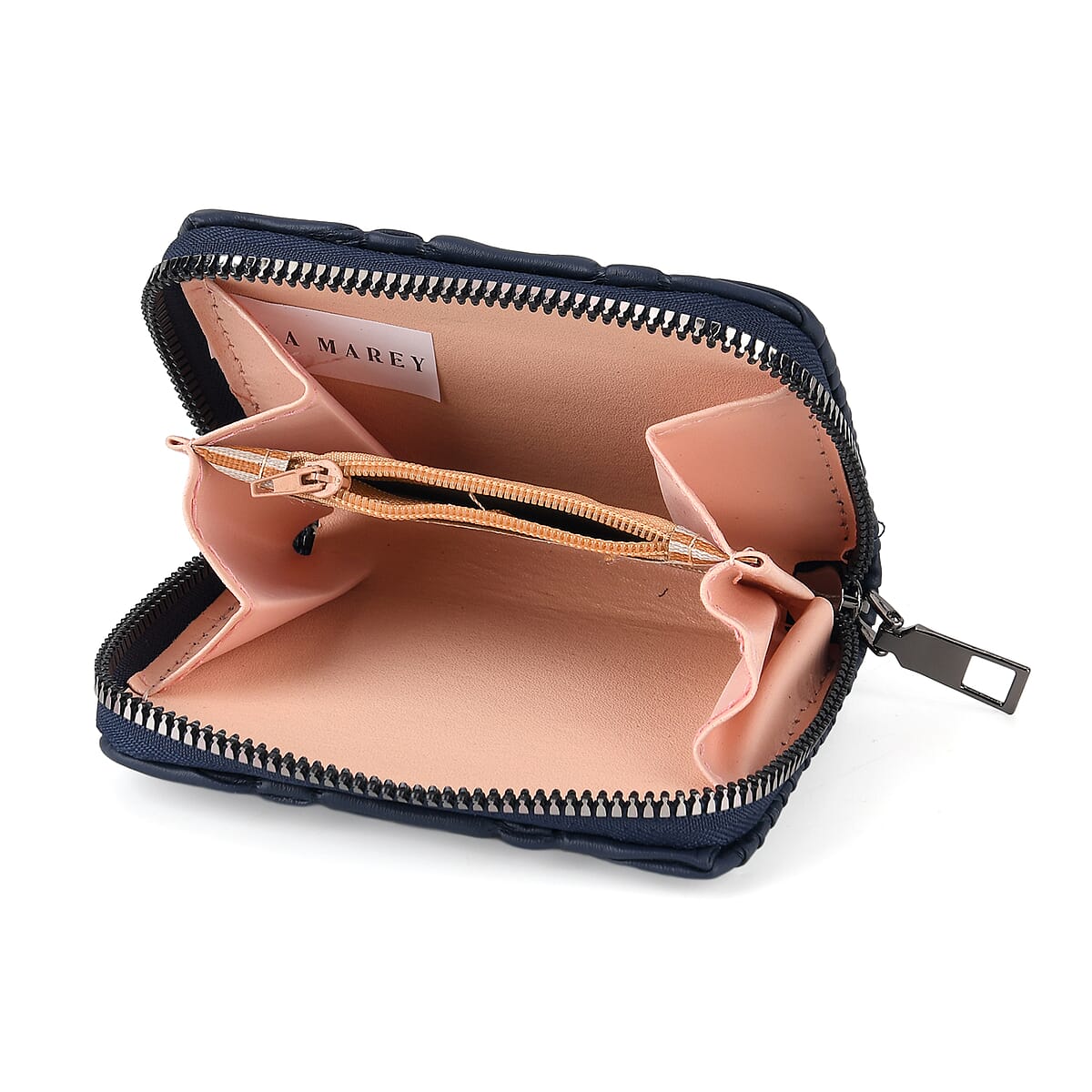 La Marey Dark Blue Faux Leather Pleated Phone Bag with Woven Strap image number 4