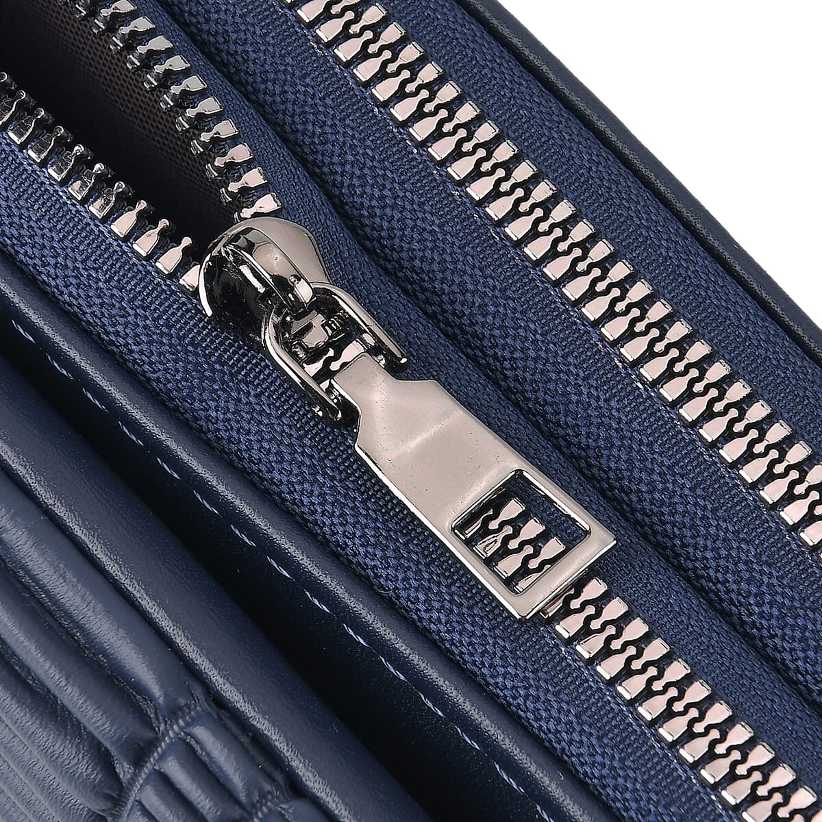 La Marey Dark Blue Faux Leather Pleated Phone Bag with Woven Strap image number 5