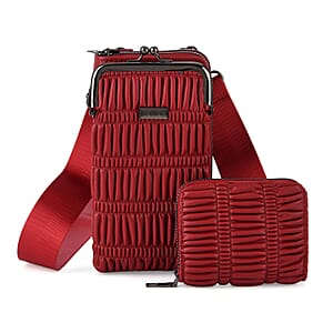 La Marey Red Faux Leather Pleated Phone Bag with Woven Strap