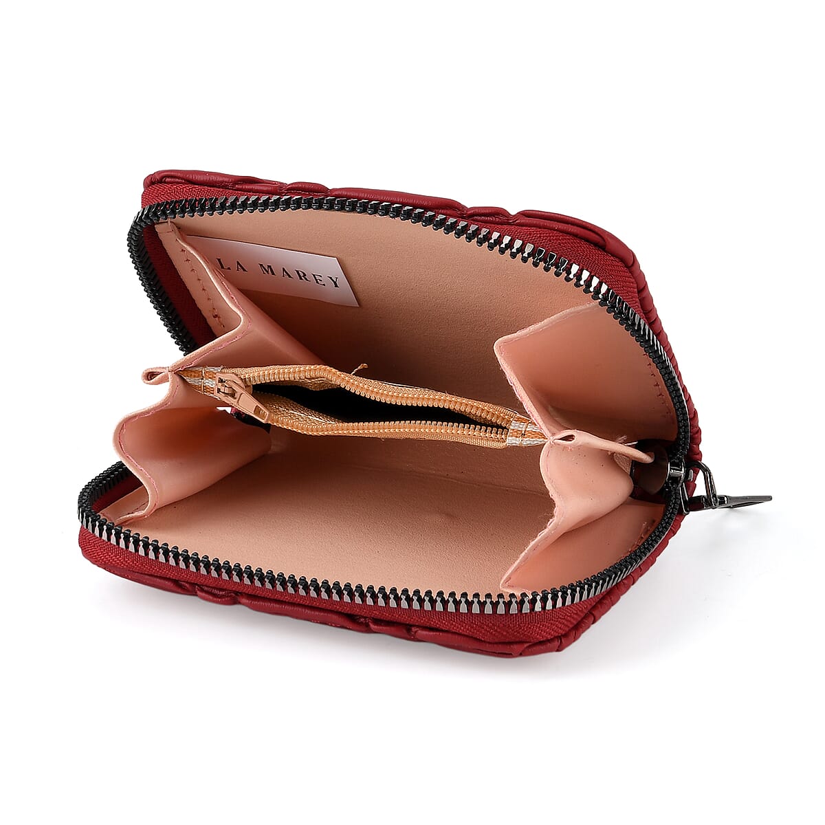 La Marey Red Faux Leather Pleated Phone Bag with Woven Strap image number 4