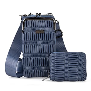 La Marey Navy Faux Leather Pleated Phone Bag with Woven Strap