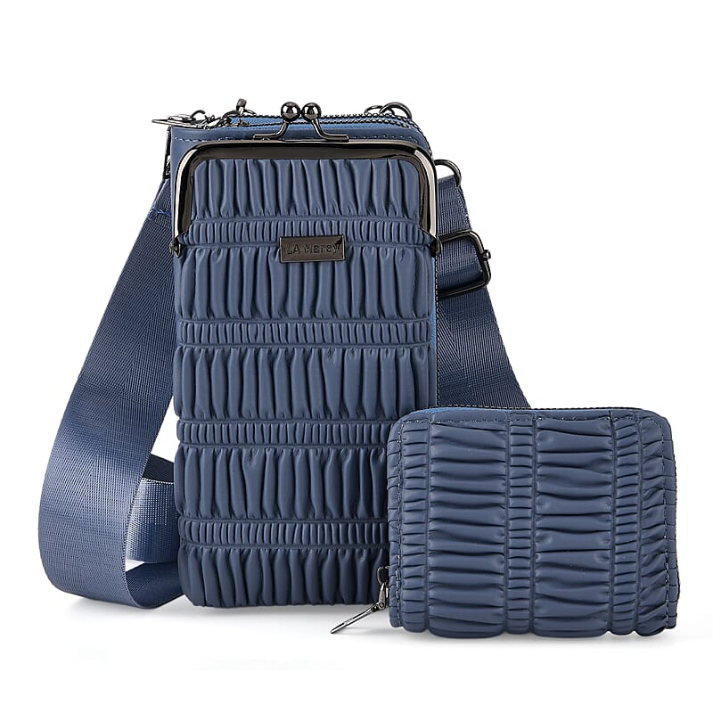 La Marey Navy Faux Leather Pleated Phone Bag with Woven Strap