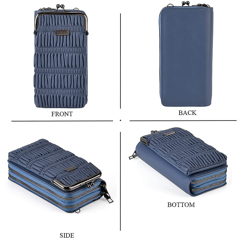 La Marey Navy Faux Leather Pleated Phone Bag with Woven Strap