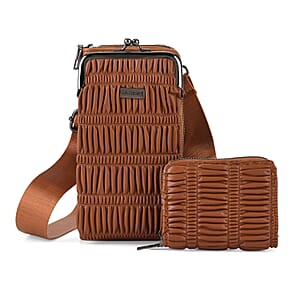 La Marey Dark Brown Faux Leather Pleated Phone Bag with Woven Strap