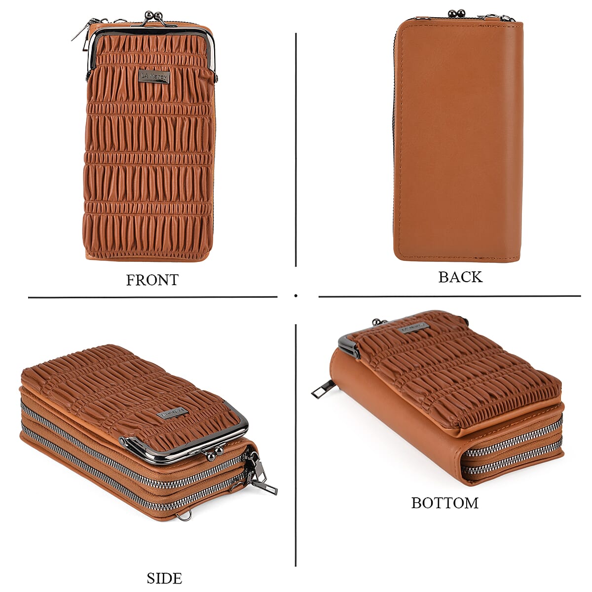 La Marey Dark Brown Faux Leather Pleated Phone Bag with Woven Strap image number 1