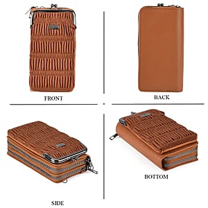 La Marey Dark Brown Faux Leather Pleated Phone Bag with Woven Strap