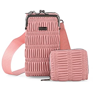 La Marey Pink Faux Leather Pleated Phone Bag with Woven Strap